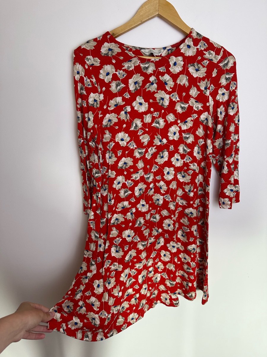 F&F Red Floral Dress UK 12 Midi 3/4 Sleeve Stretch Jersey Casual Women