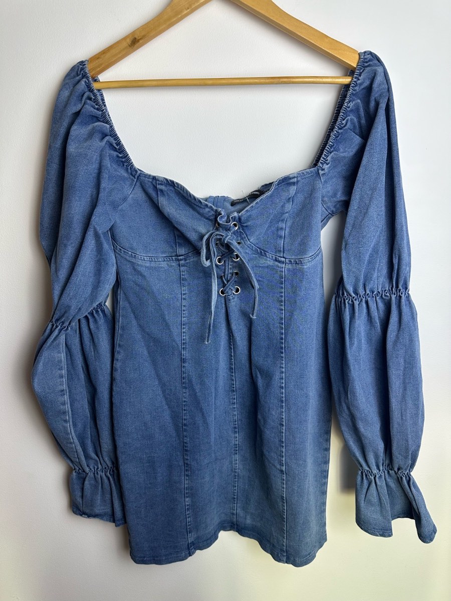 PrettyLittleThing Denim Mini Dress Blue Lace Up Puff Sleeve Women’s UK 8
