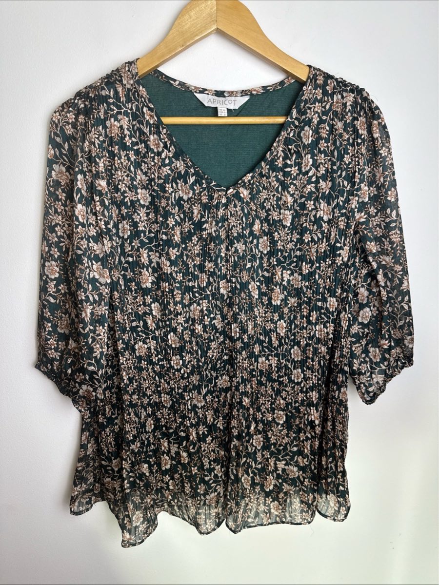 Apricot Floral Pleated Blouse UK 10 Green Chiffon 3/4 Sleeve Boho Top