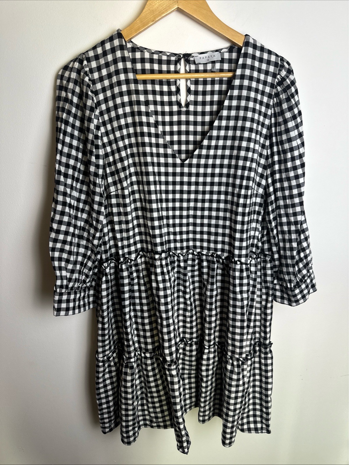 Papaya Womens Gingham Check Tiered Dress Size 14 Black White V Neck 3/4 Sleeve