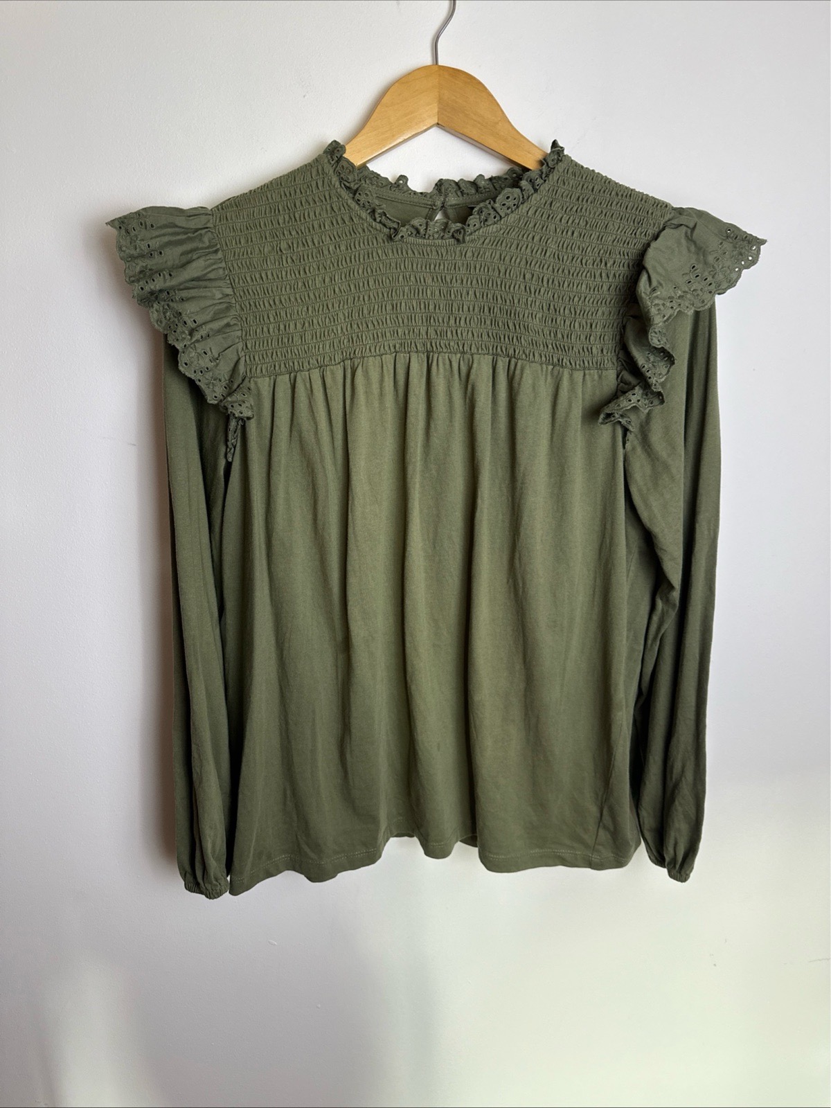George Khaki Green Smocked Ruffle Blouse Top Size 14 100% Cotton