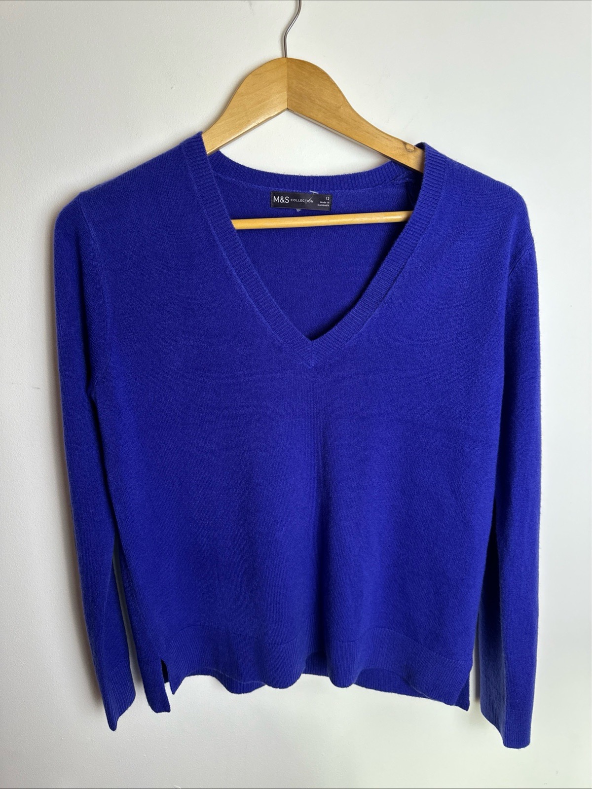 M&S Collection Womens Jumper UK 12 Cobalt Blue V Neck Long Sleeve Knit