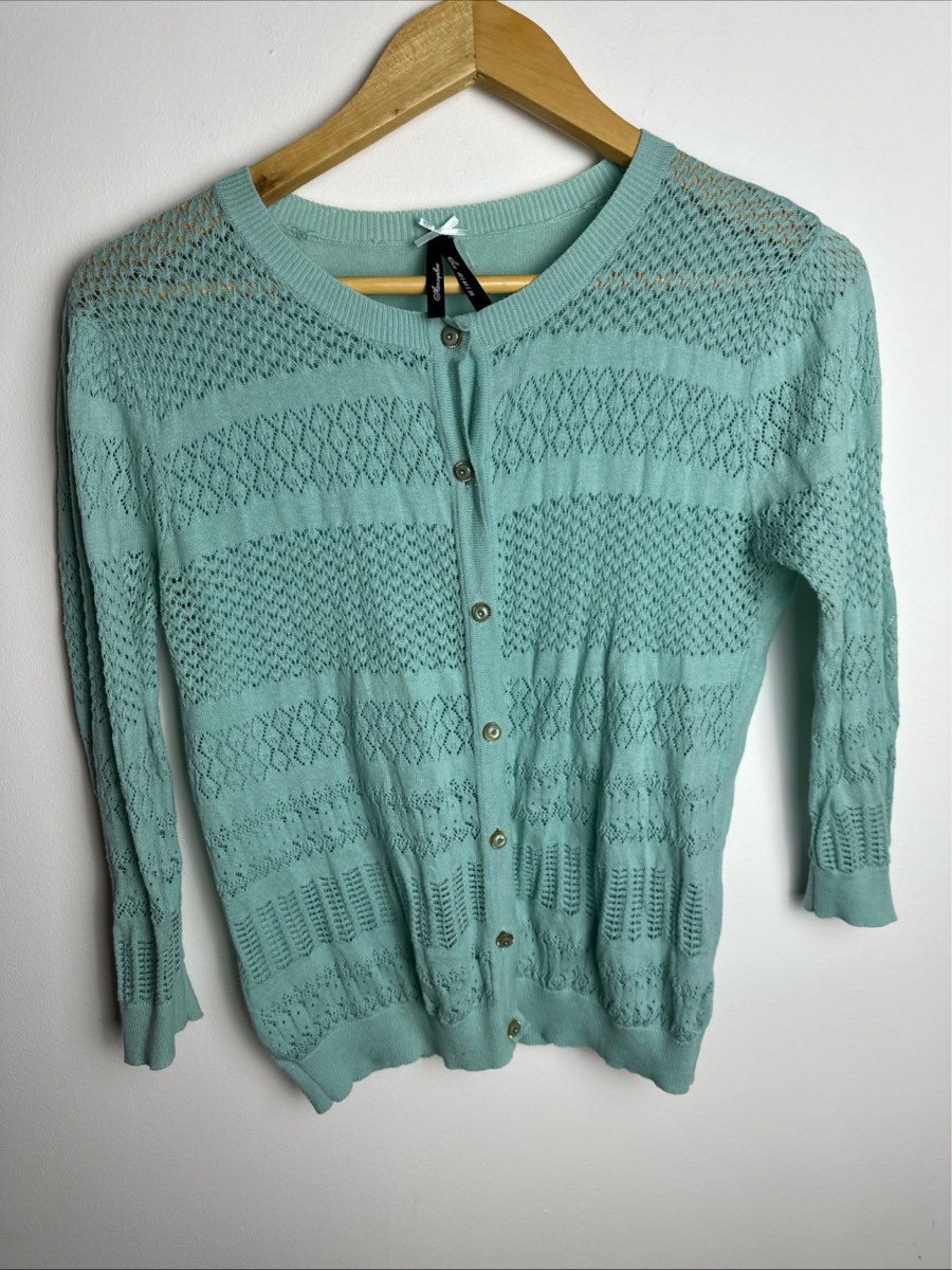 Atmosphere Mint Green Cotton Cardigan UK 12 Crochet Knit Button Front 3/4 Sleeve