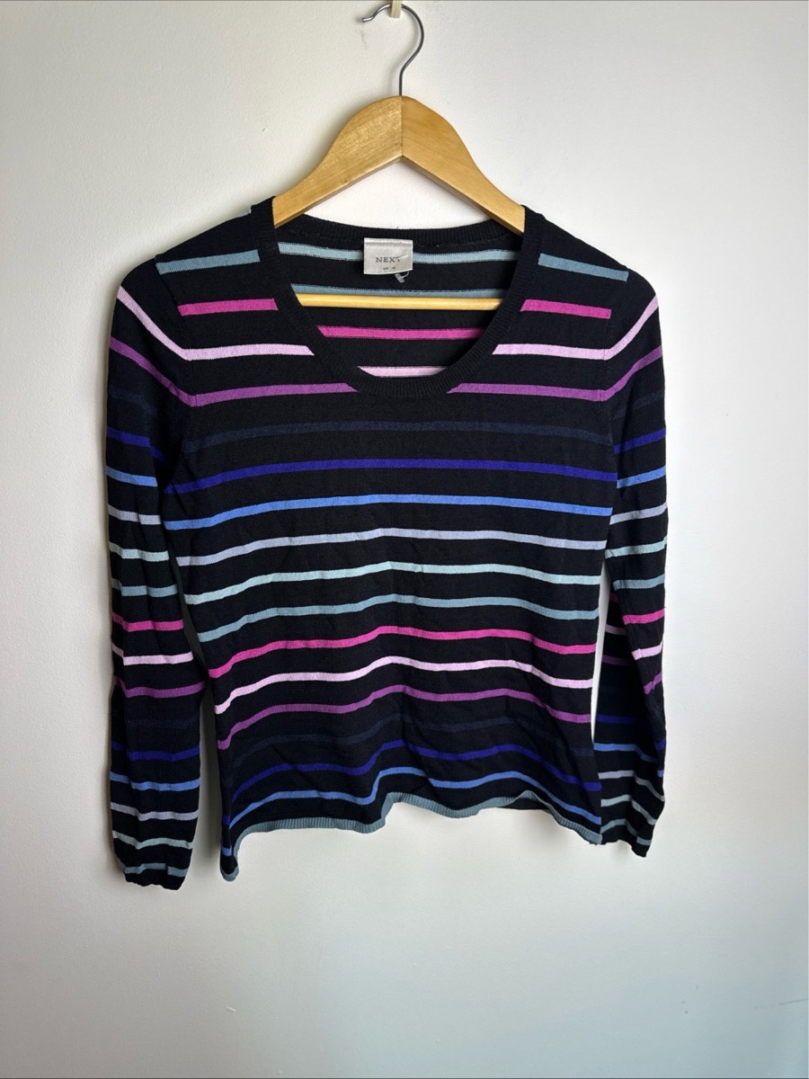 Next Women’s Striped Jumper UK14  Black Multicolour Long Sleeve Lightweight Knit