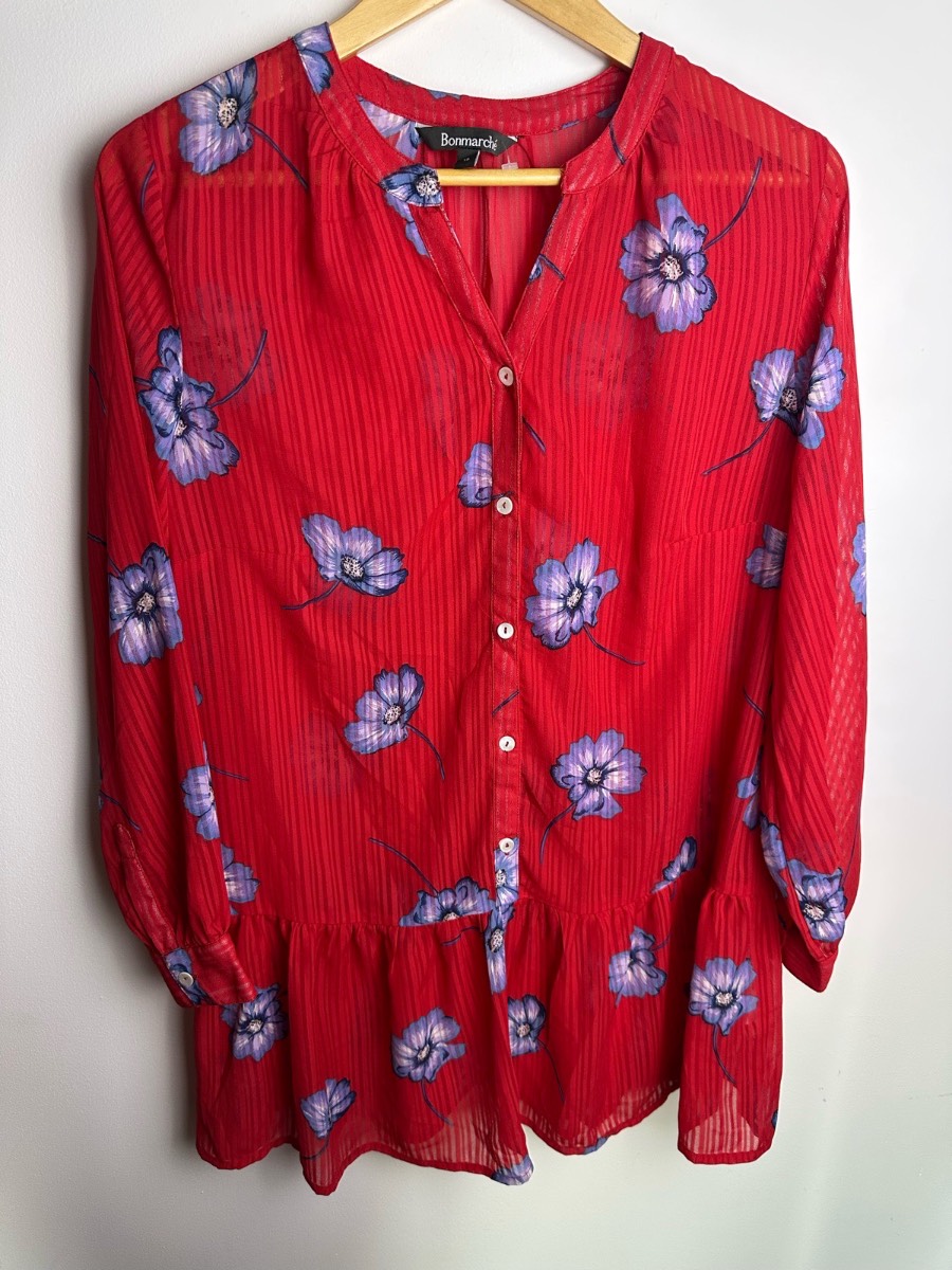 Bonmarché Red Floral Peplum Blouse Size UK 12 Sheer Long Sleeve