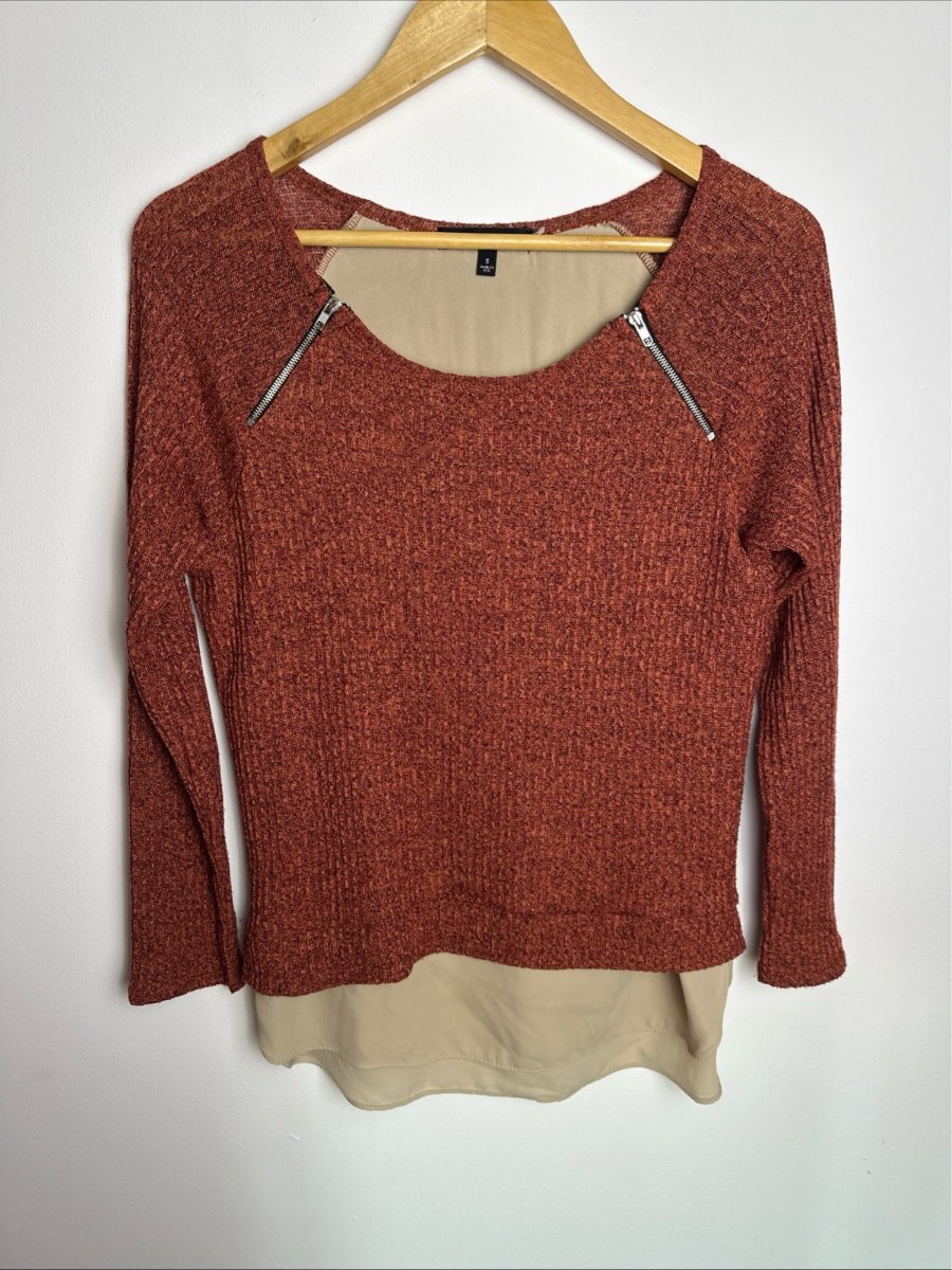 Green Envelope Los Angeles Women’s Knit Zip Detail Layered Top Blouse Size S