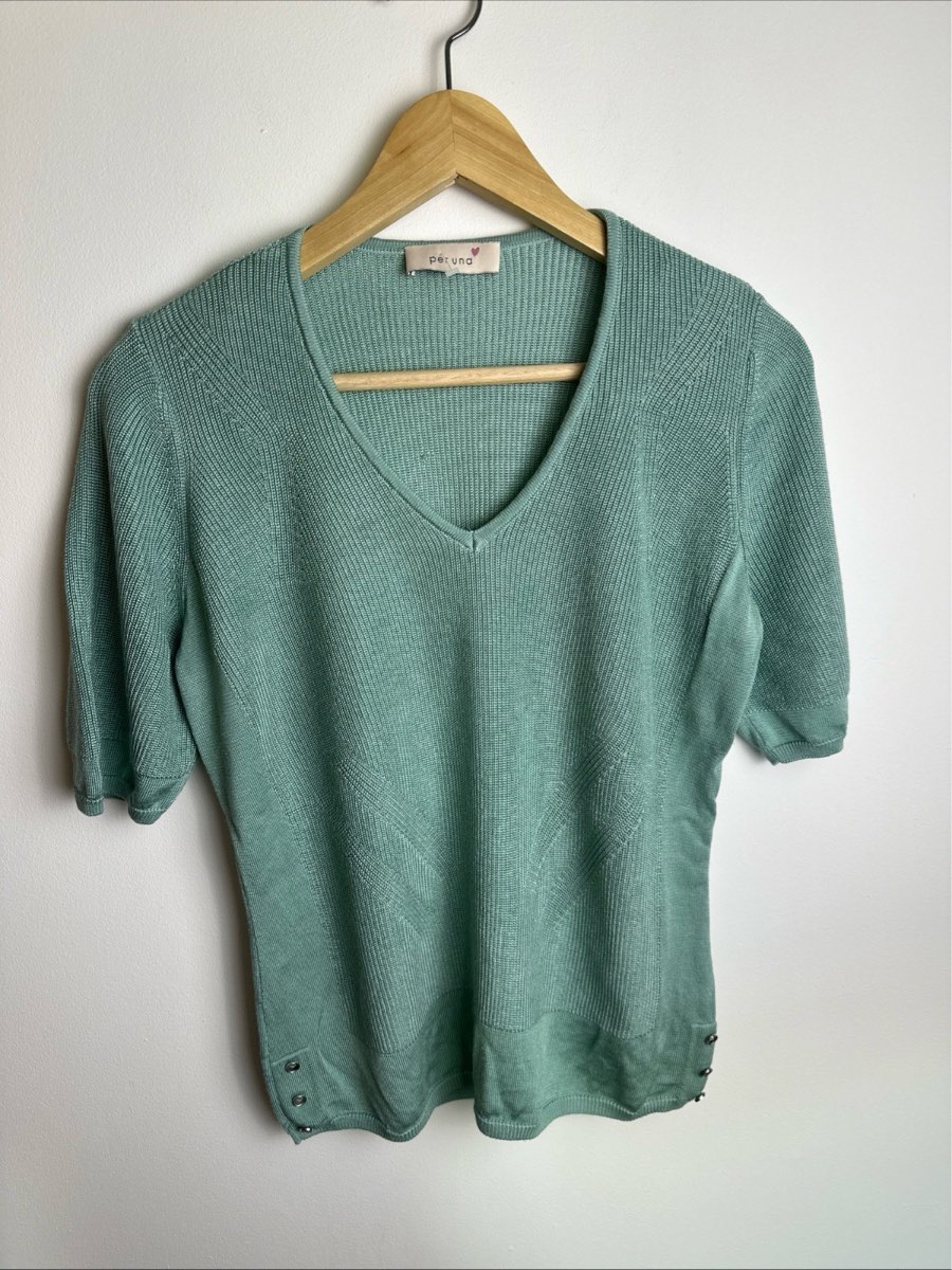 Per Una M&S Knitted Top UK 12 Aqua Green V Neck Short Sleeve Viscose Blend
