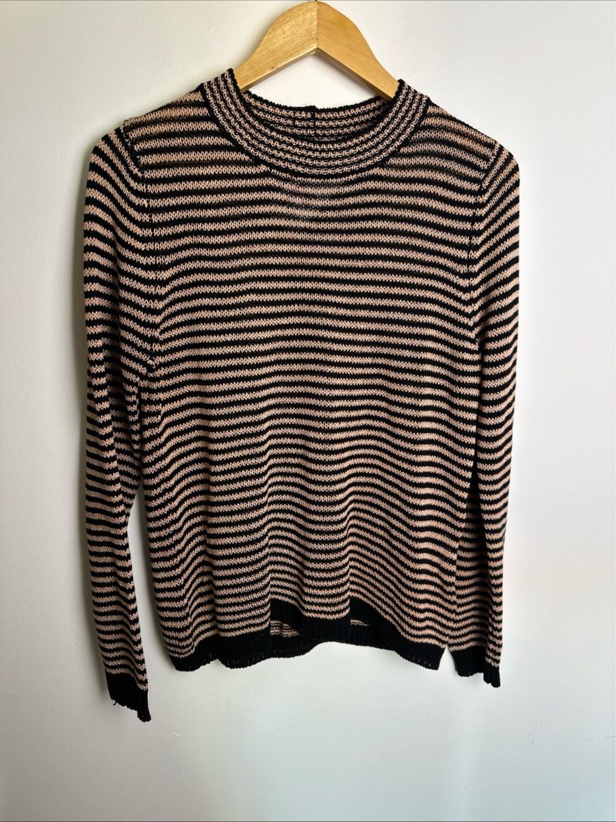 Next Womens Jumper UK 14 Black Beige Stripe Knit Long Sleeve Mock Neck