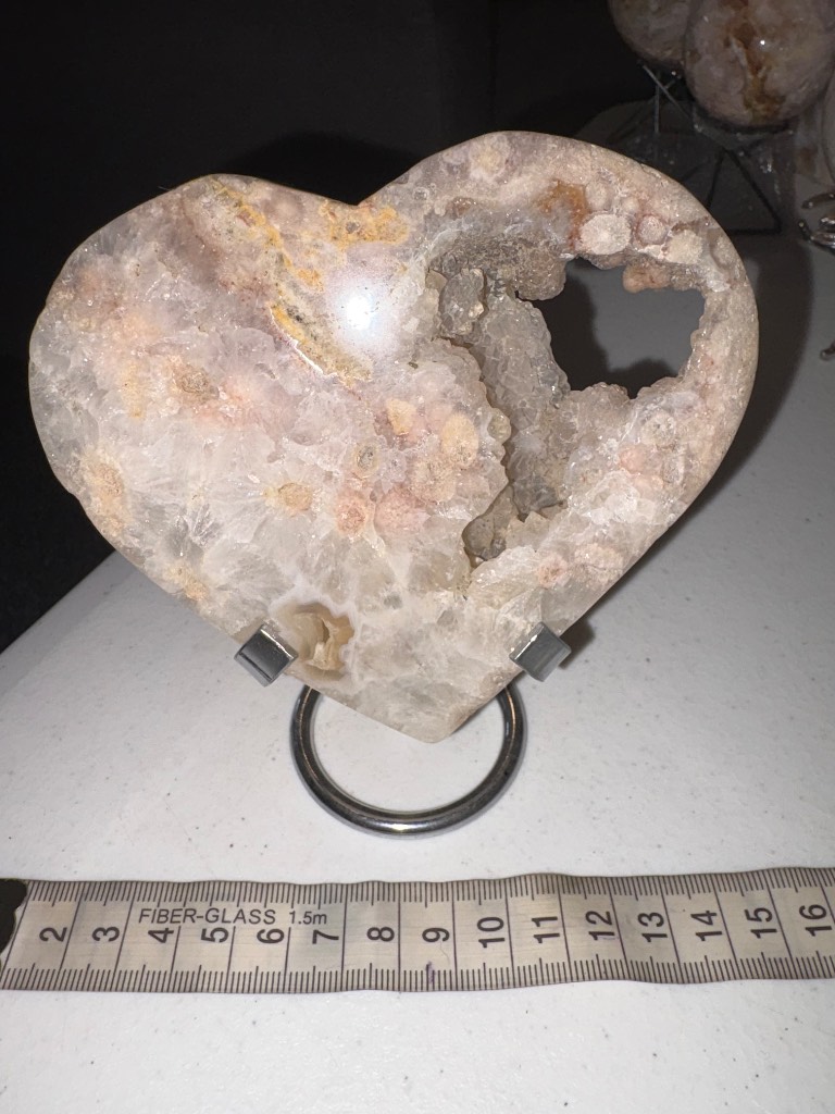 Pink amethyst heart with natural Druzy on a silver stand