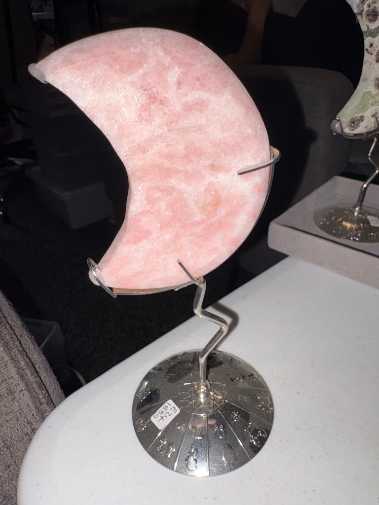Pink Opal moon with silver stand