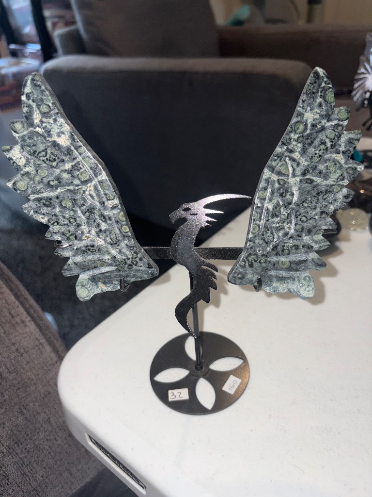 Kambaba Jasper wings on a black stand