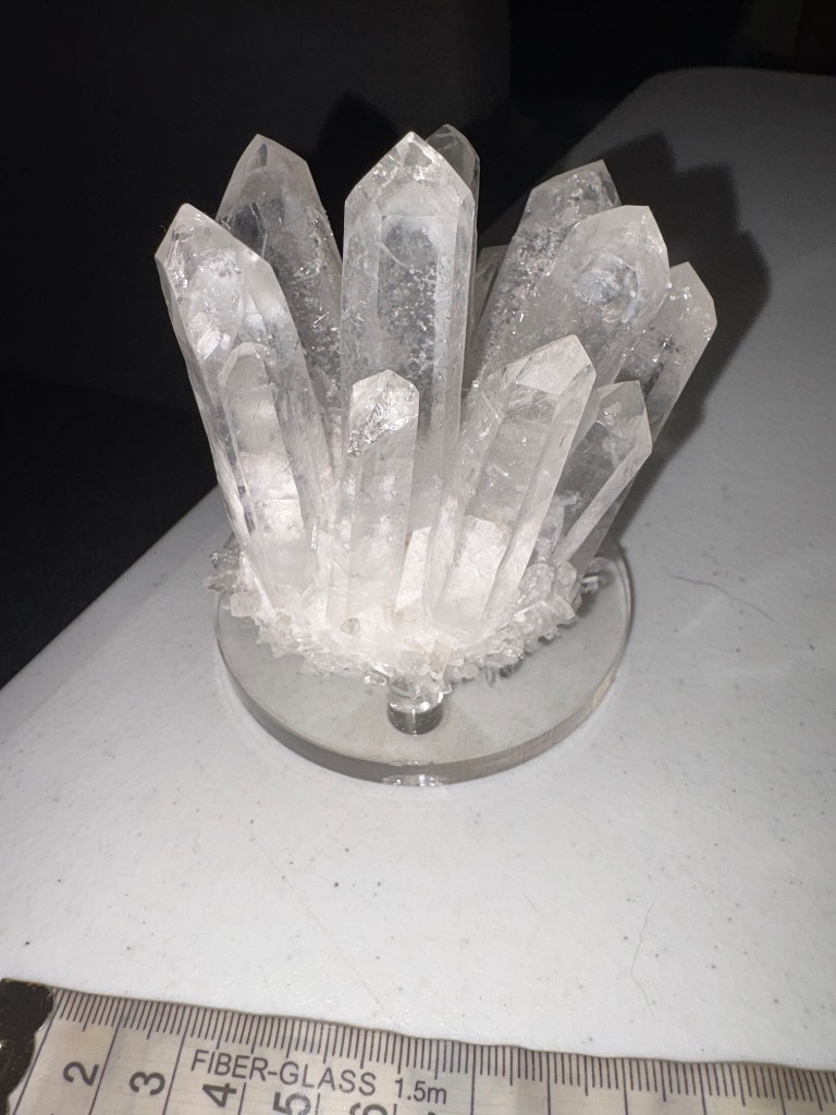 Clear Quartz cluster with clear plastic stand