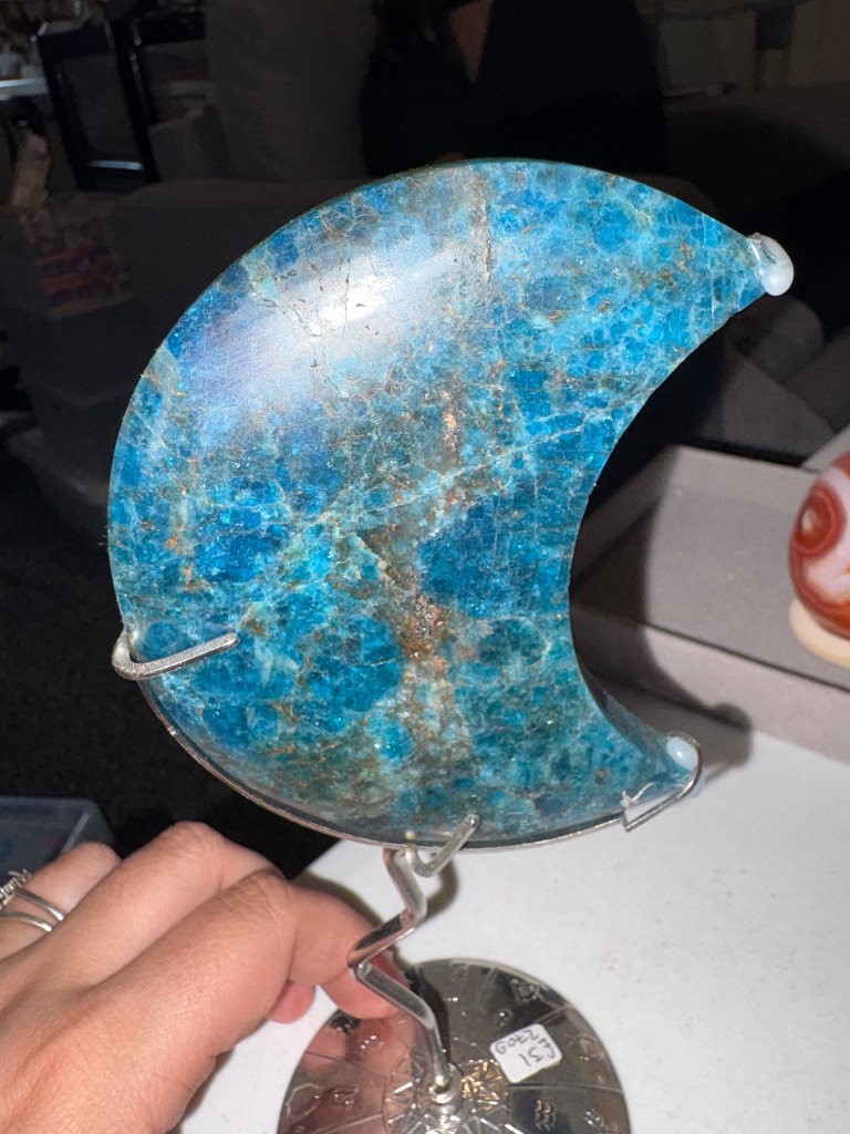 Blue apatite moon with silver stand