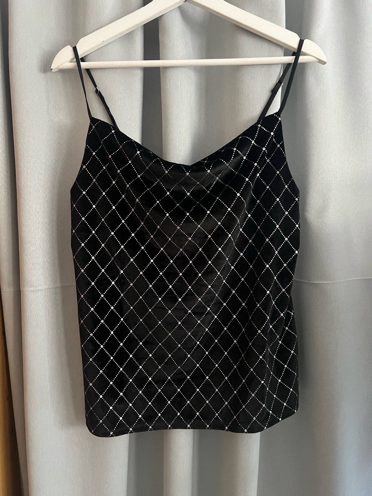 Quiz Women’s Black & Silver Check Glitter Cami Top, Adjustable Straps UK 8
