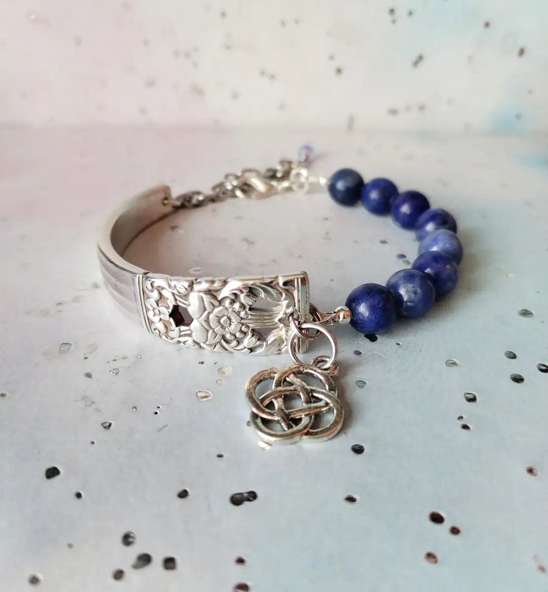Handmade Silver Plated Spoon Handle Bracelet With Sodalite Beads.