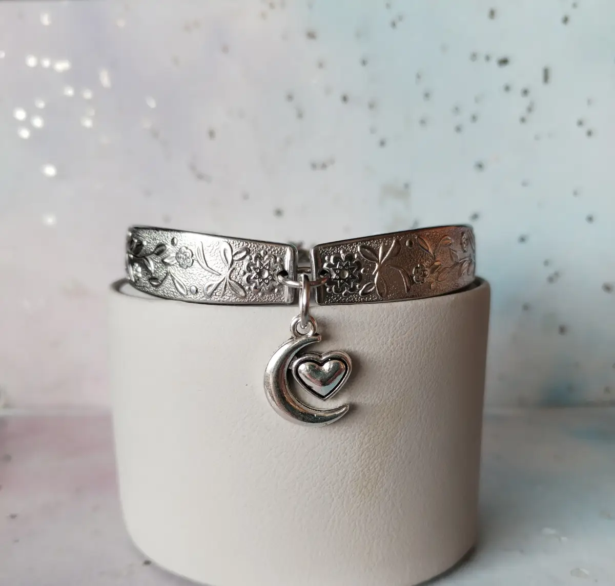 Handmade stainless steel spoon handle bracelet moon & heart charm.