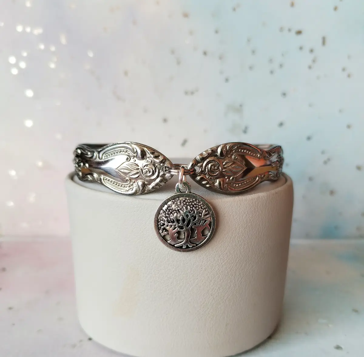 Handmade stainless steel spoon handle bracelet with tree of life charm.