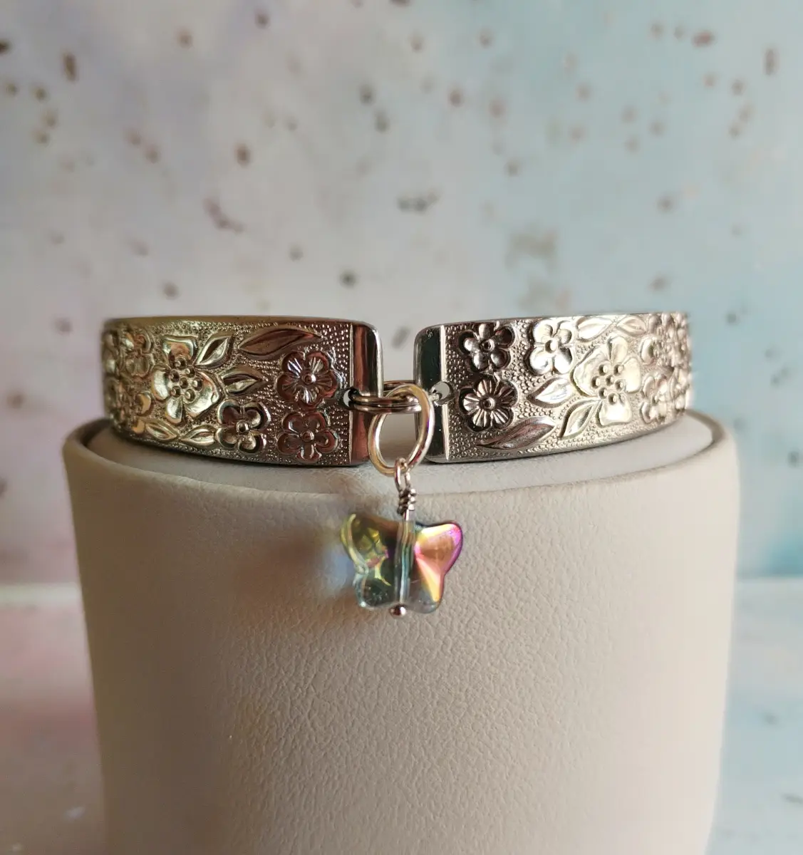 Handmade (by me) stainless steel spoon handle bracelet with glass butterfly charm.