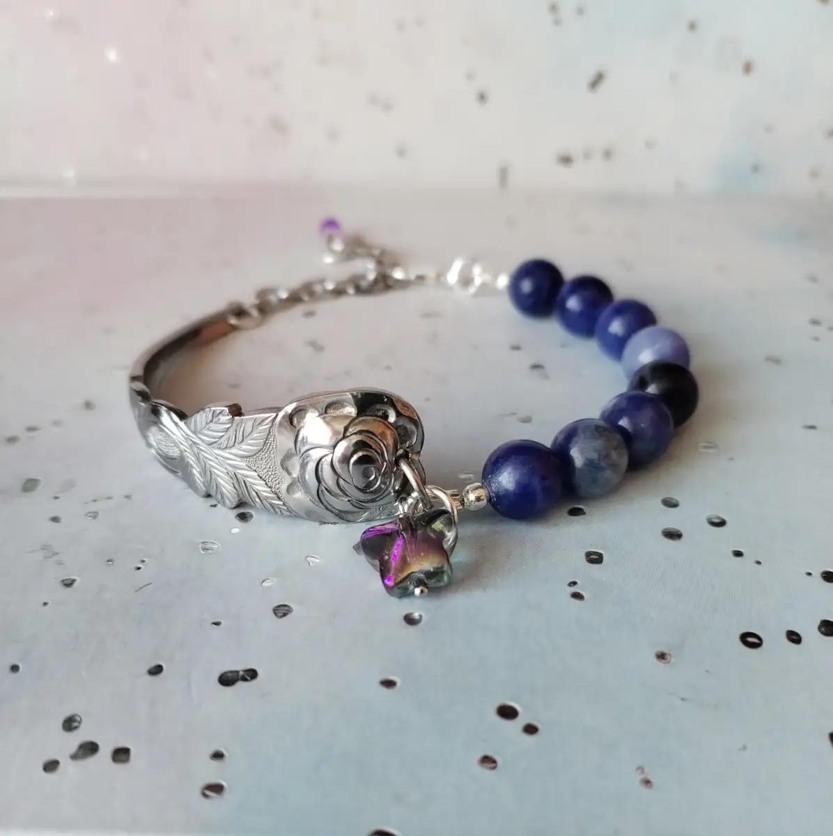 Handmade Stainless Steel Spoon Handle Bracelet – Rose Pattern with Sodalite Gemstone Beads