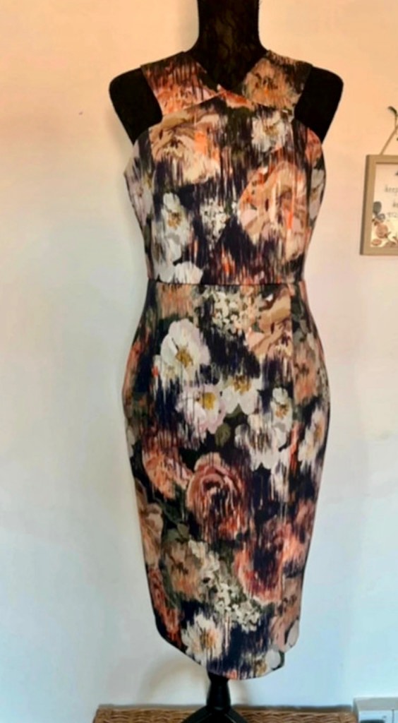 Coast - Stunning Purple & Coral Floral Print Sleeveless Occassion Dress UK Size 12 Races / Wedding /