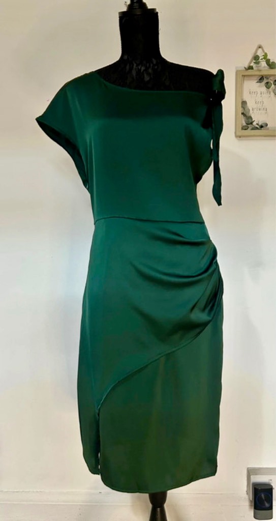 Shein - Stunning Bottle Green Tie Shoulder Satin Feel Dress UK Size L 12-14  Races/Wedding/Cruise