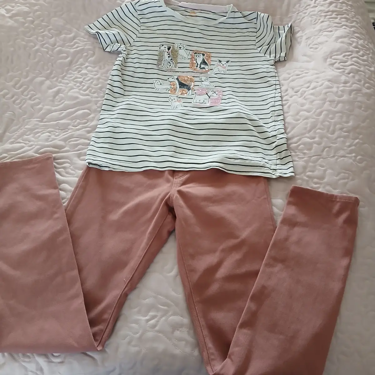 Girls F&F Striped Dog Top + Uniqlo Pink Jeggings Bundle Age 11-12