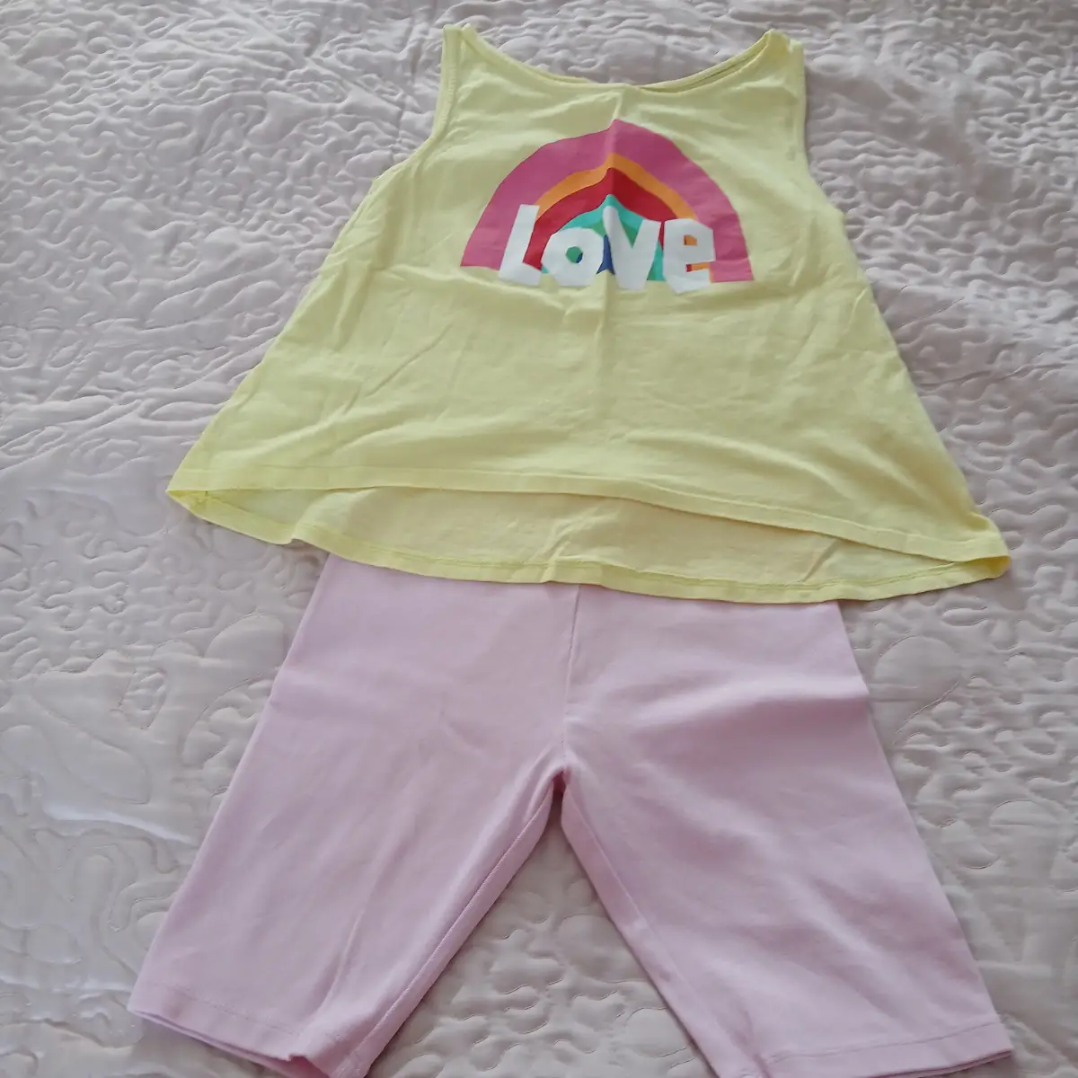 Zara & Next girls set age 10 yellow rainbow top pink cycle shorts