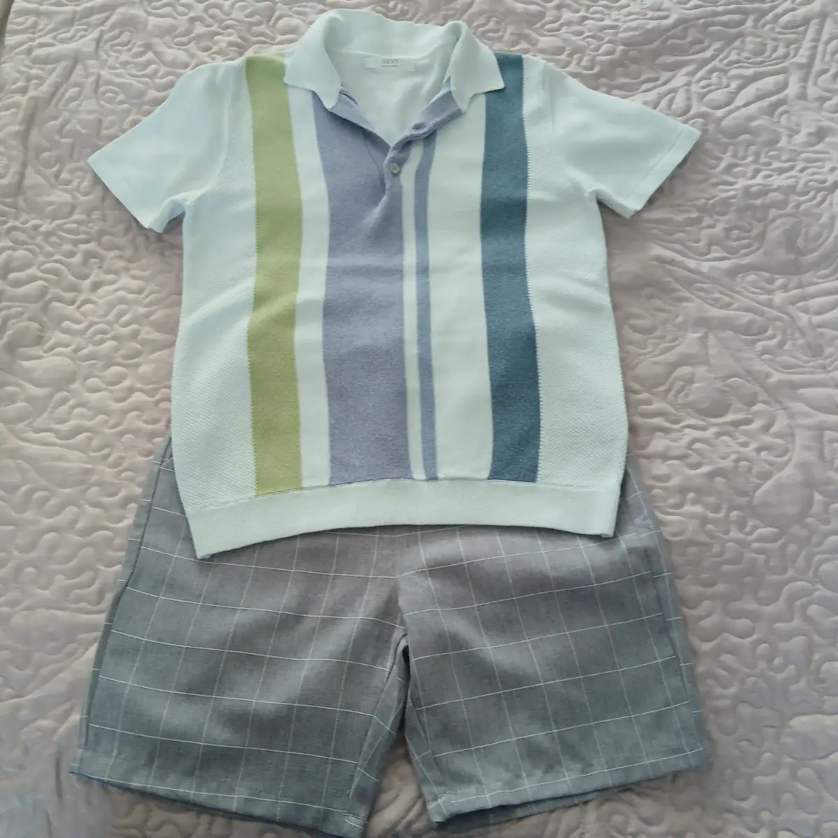 Next pastel stripe knit polo & Shein grey check shorts set age 9
