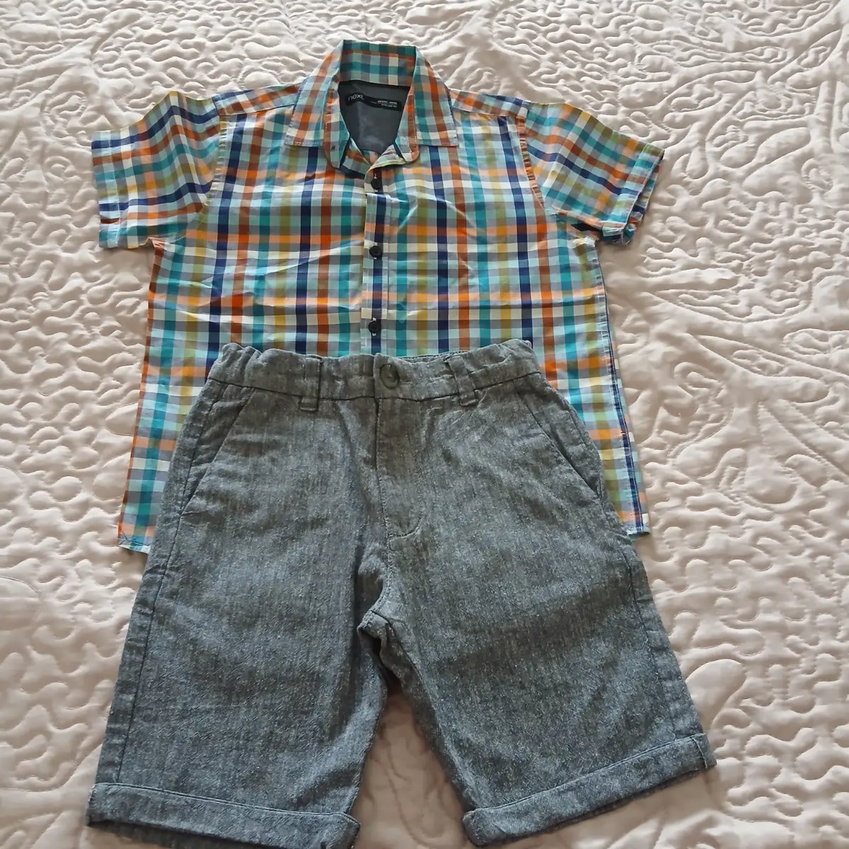 Next Boys Check Shirt Age 7 + M&S Chambray Linen Blend Shorts Age 6-7 Bundle