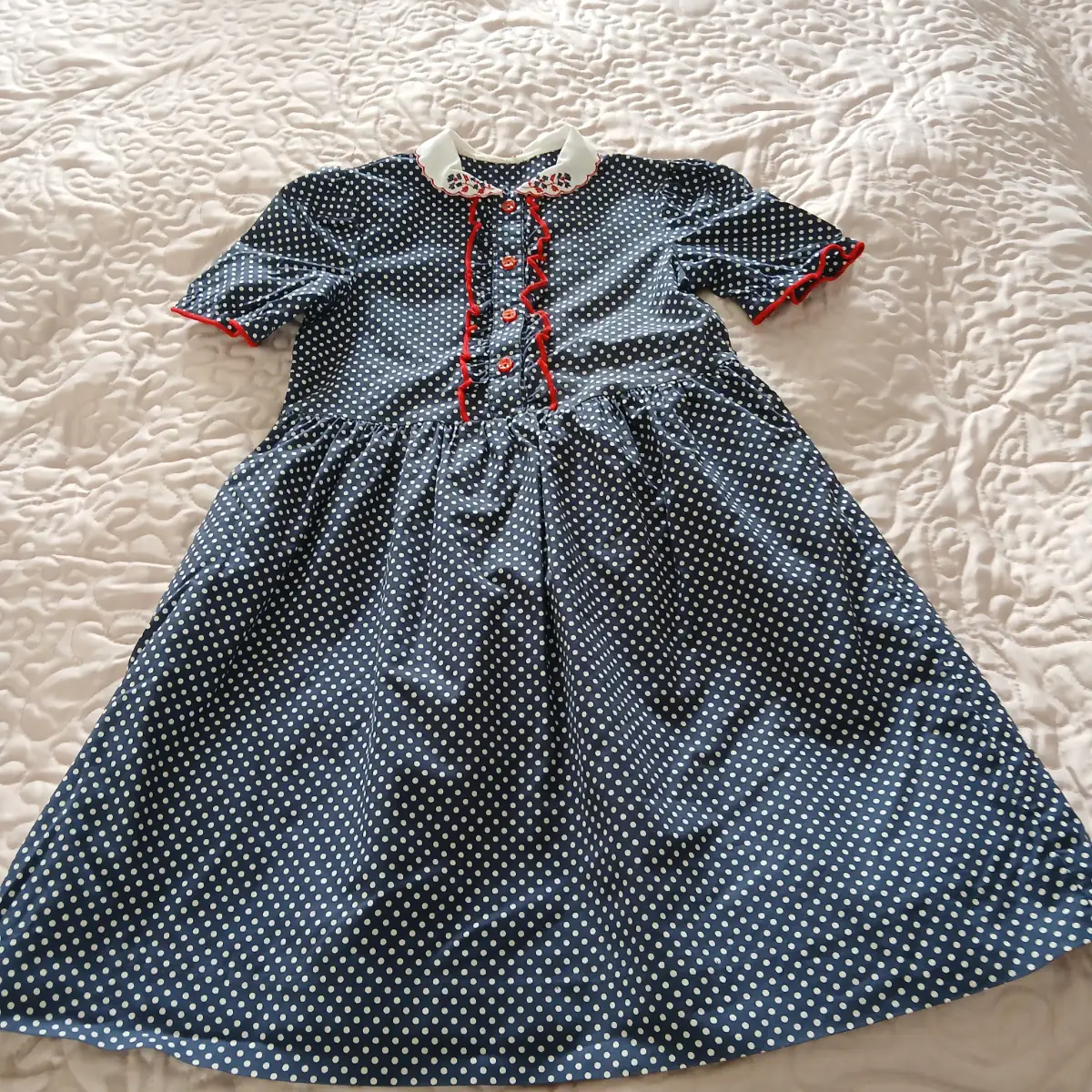 St Michael Vintage Navy Polka Dot Dress White Collar Red Trim Age 7 Girls