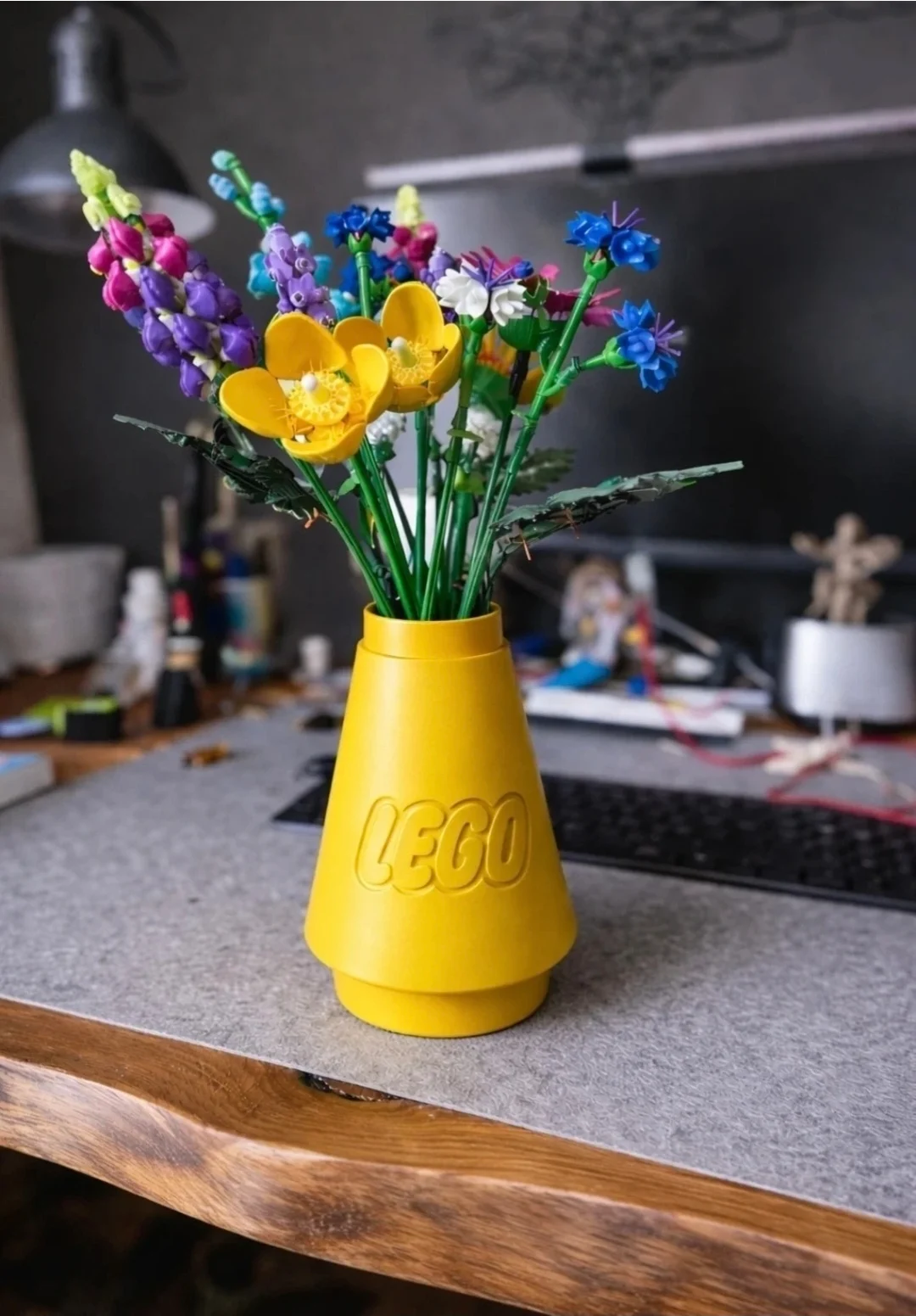 Yellow lego inspired cones vase - artificial flowers only