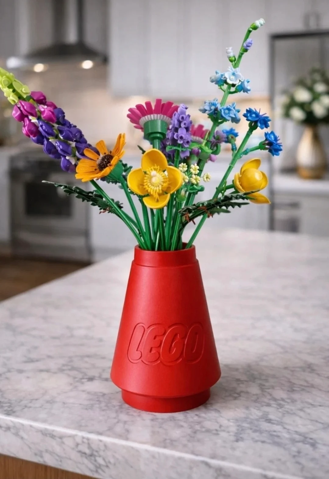 Red lego style vase for artificial Flowers