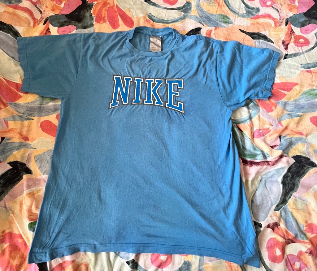 Vintage Nike Light Blue Spellout Collegiate T-Shirt - Size L