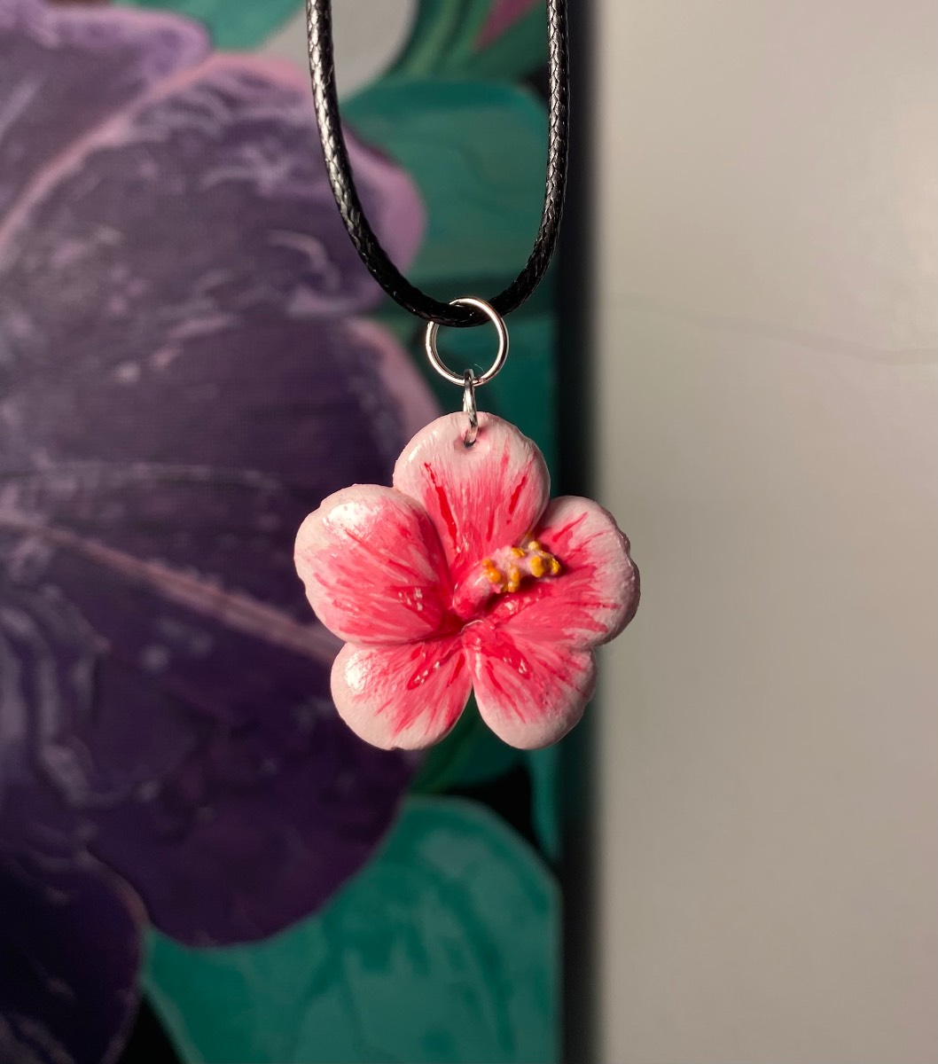 Handmade Pink Hibiscus Necklace | Polymer Clay Flower Jewellery | Tropical Cottagecore Fairycore
