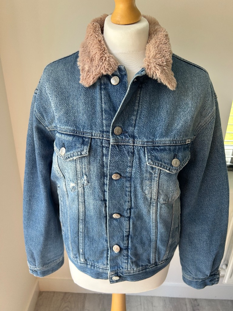 Replay Denim Trendy Trucker Jacket - Borg Faux Fur Collar Y2K Oversized Size Medium Uk 12 - 14