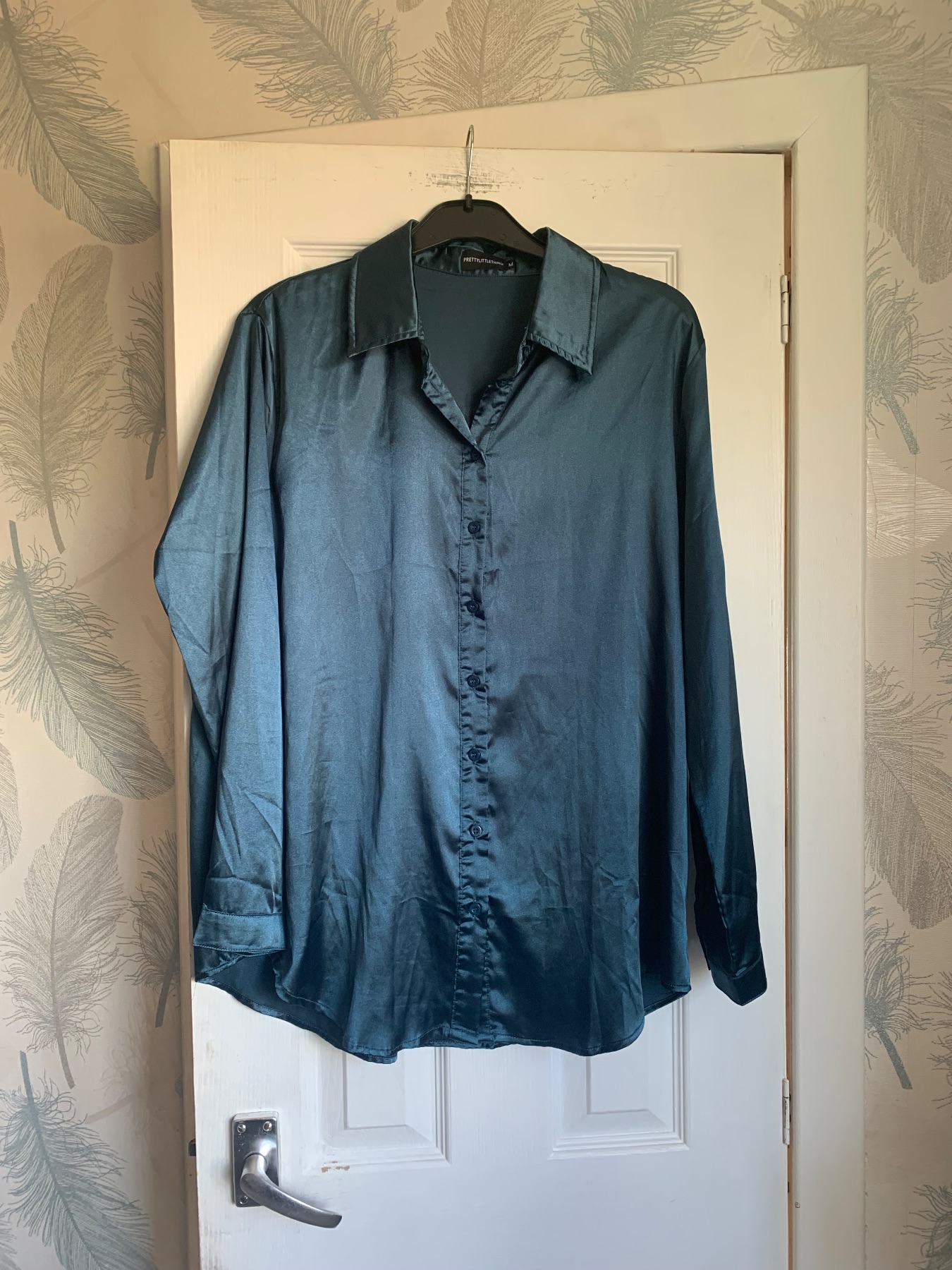 Pretty Little Thing teal Green coloured silky shirt size 12  M