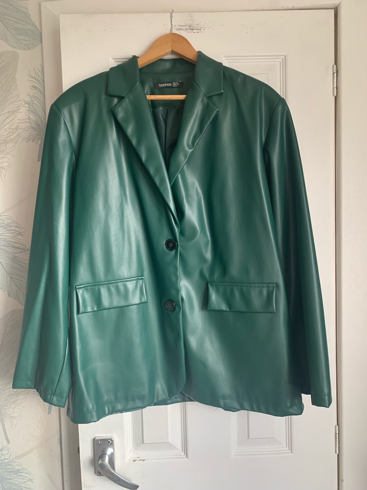 green faux-leather oversized blazer from the brand Boohoo uk 10