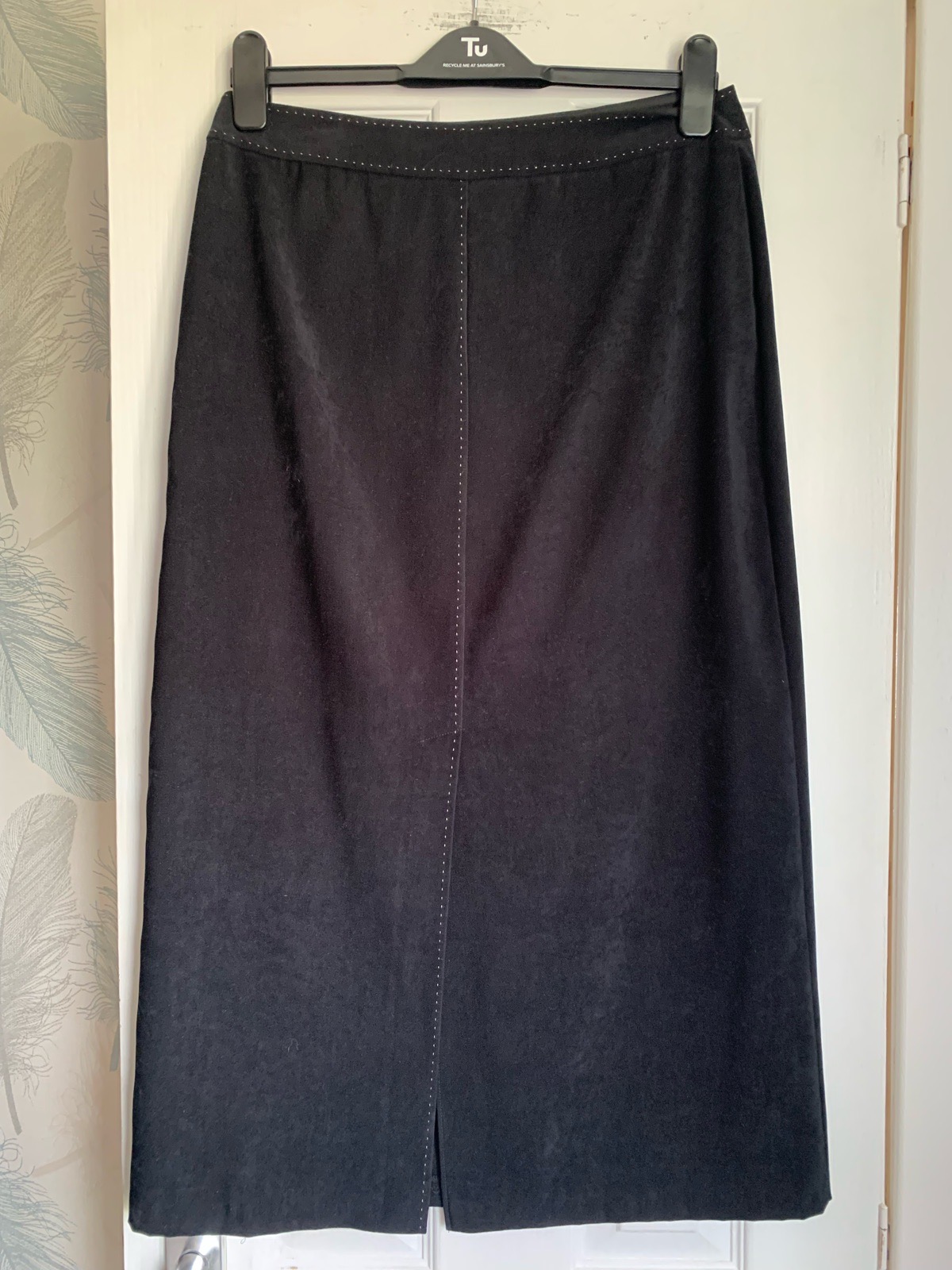 M&S vintage style black suedette midi skirt with white stitching uk 12