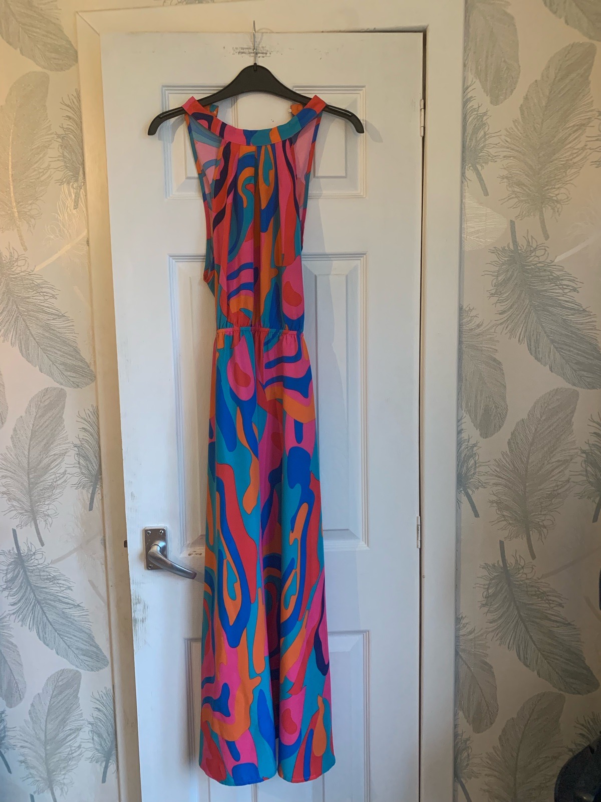Halterneck Maxi dress which an abstract wavy design in shades of pink blue and Orange size XL uk 16