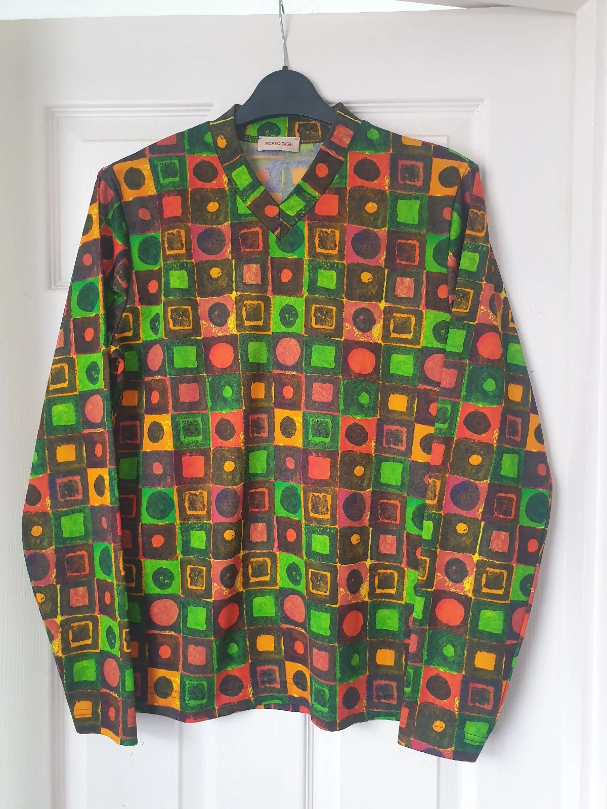 Romeo Gigli 1980s Ladies Vintage Geometric Pattern Long Sleeve Shirt Top SMALL