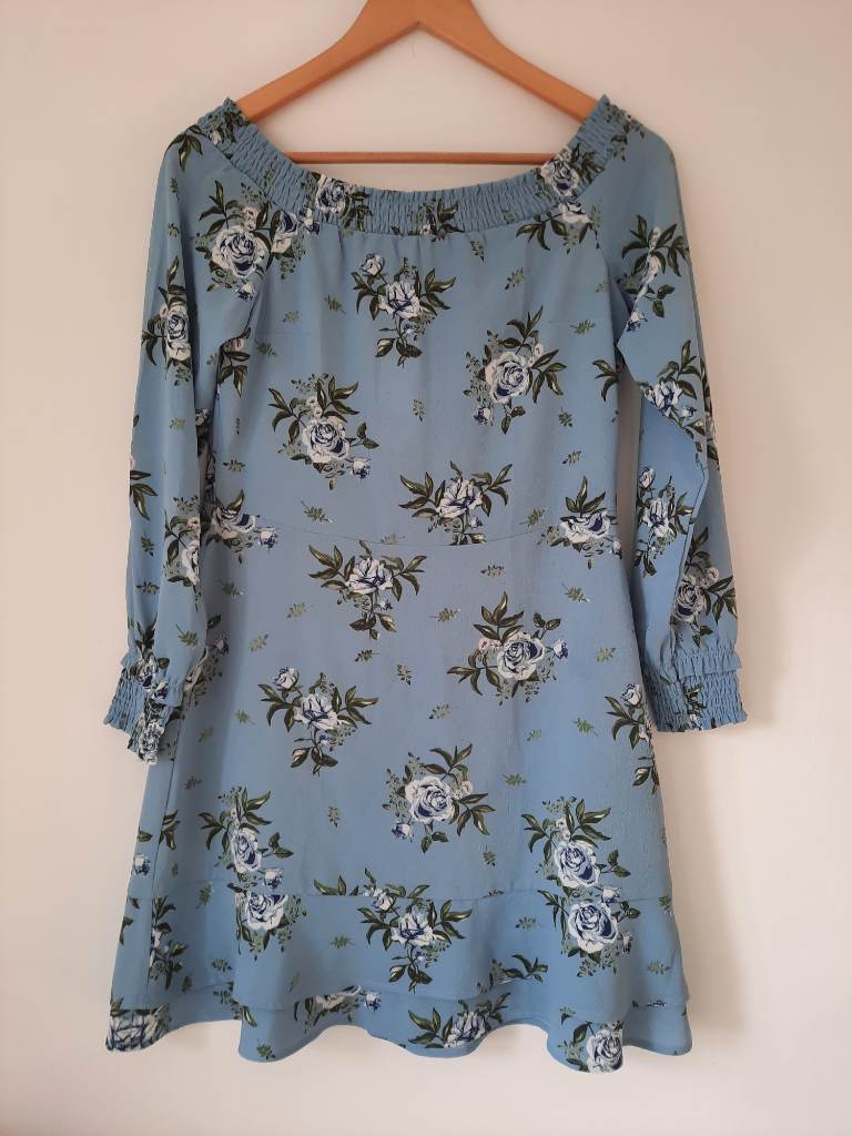 BNWT H&M light blue floral midi dress size 14  bardot off Shoulder