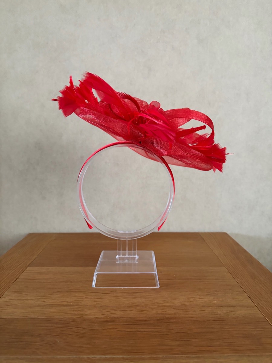 Red Fascinator with feather detail on headband - New