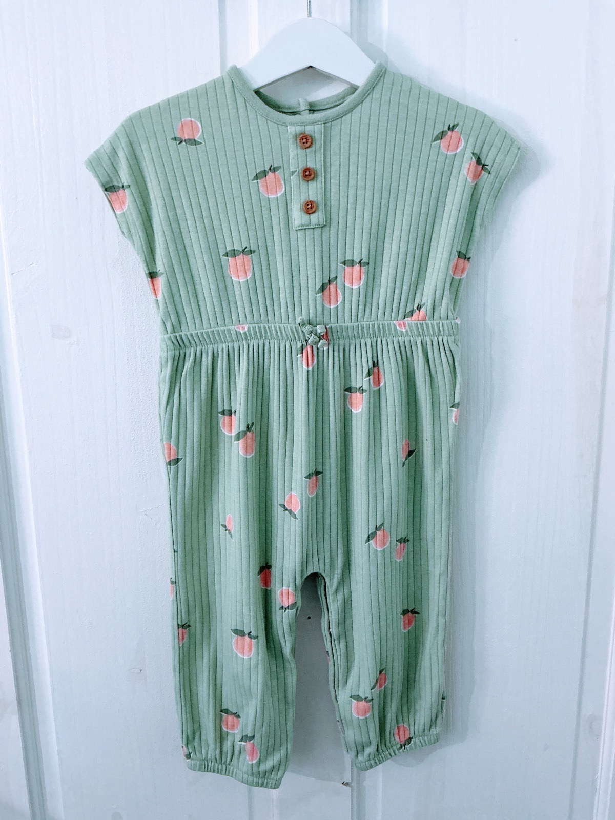Baby girls green fruit themed romper outfit, size 9-12 months