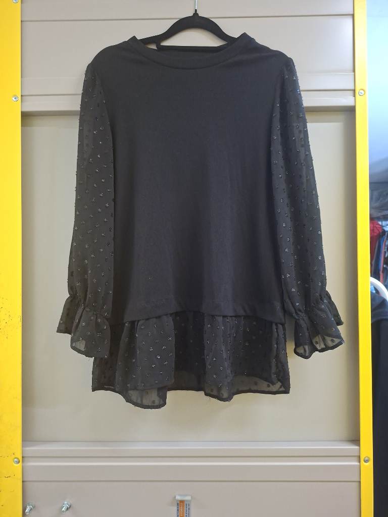 Women's Black Layered Tunic Top Sheer Swiss Dot Sleeves Ruffle Cuffs Long Sleeve Size 12