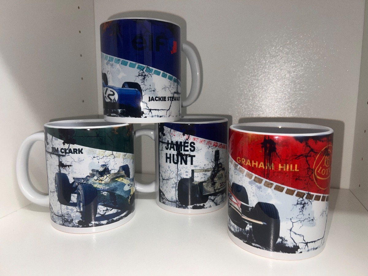 Set of 4 retro f1 racing driver ceramic mugs