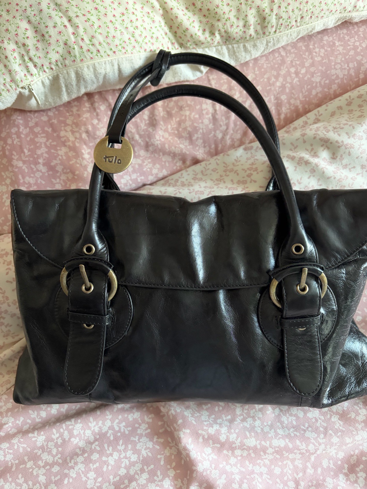 Vintage Tula Black Leather Shoulder Bag – Y2K Buckle Handbag