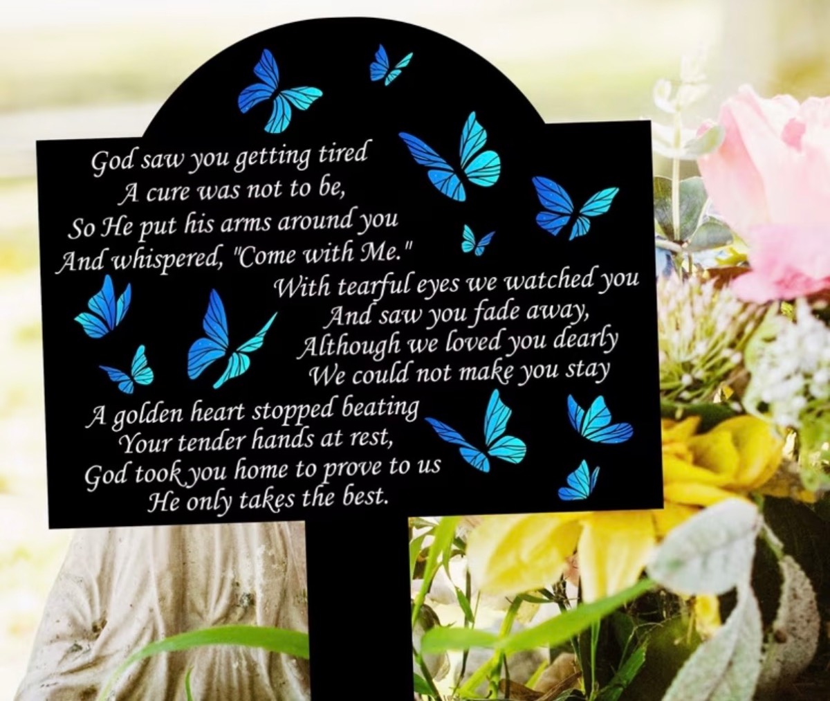 7.6 inch wooden grave blue butterfly plaque