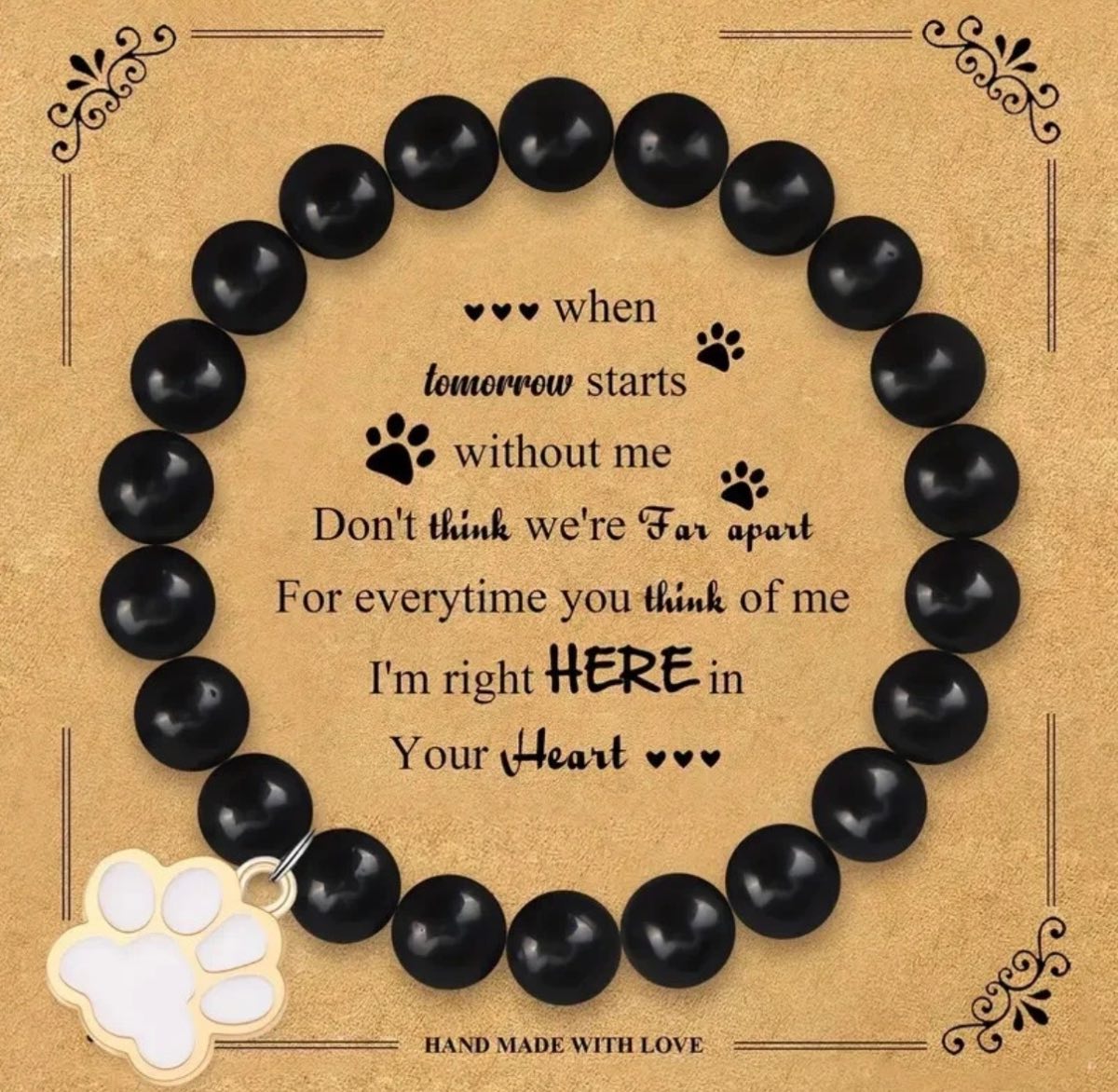 Pet memorial beaded bracelet with card and paw charm