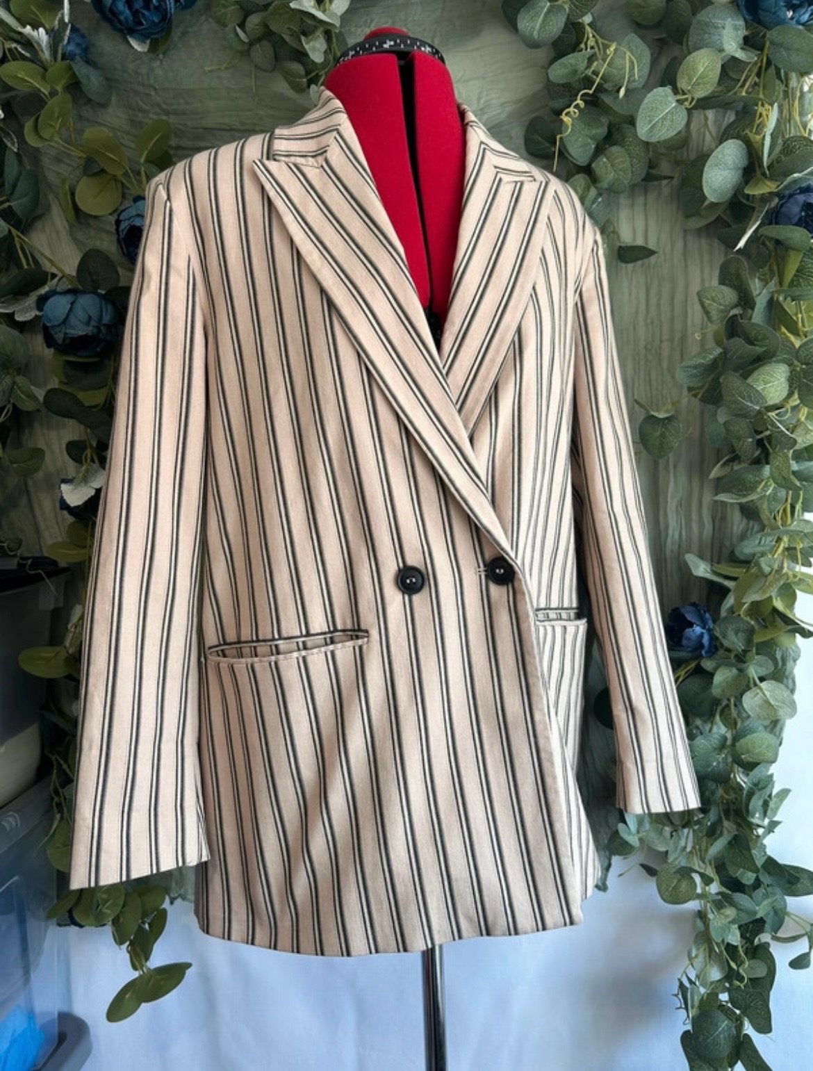 ZARA Striped Tailored Blazer – Beige & Black – Size S/UK 8/10
