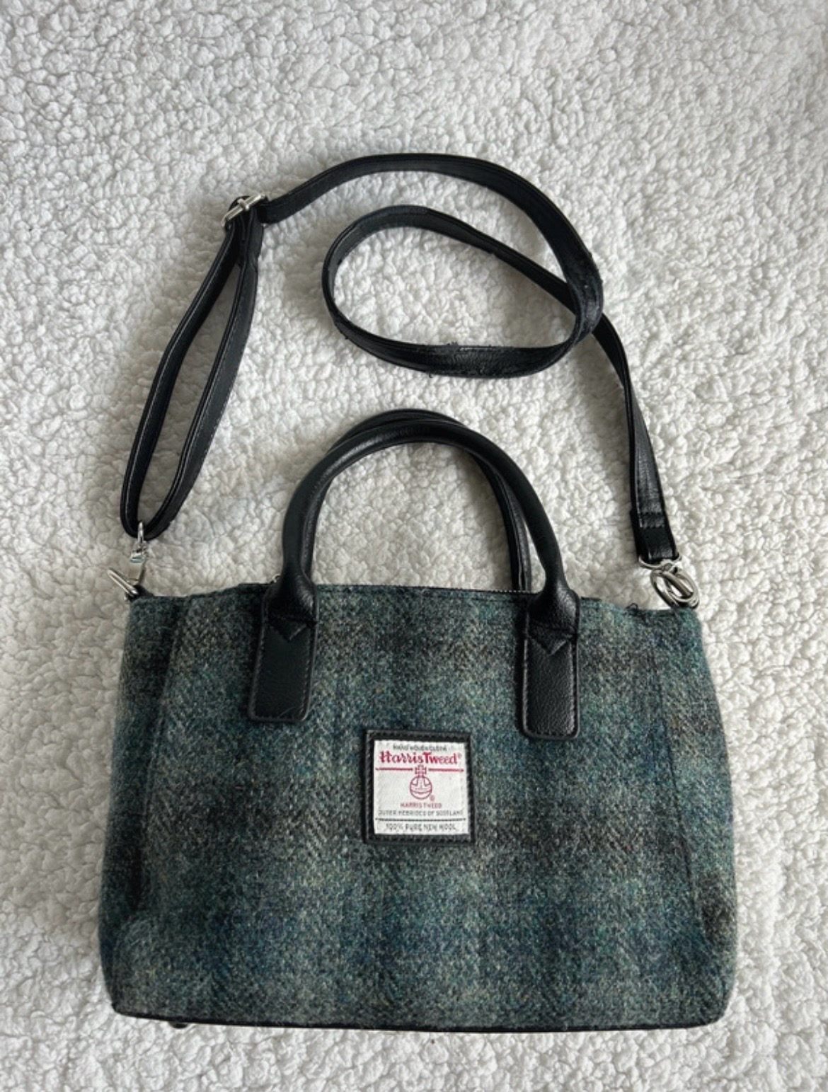 Harris Tweed Green‑Blue Handbag - Leather Handles & Strap